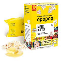 Opopop Super Butter popcorn bag ready for microwave, a rich, melt-in-your-mouth snack.