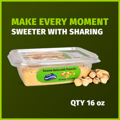 Oppenheimer USA pistachio halva beside tea, a perfect snack with beverages.