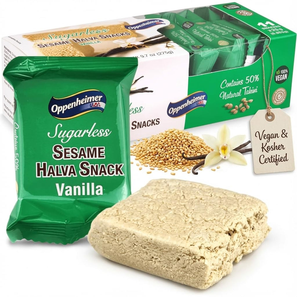 Oppenheimer Vanilla Halva mini-bars on a clean surface for on-the-go snacking.