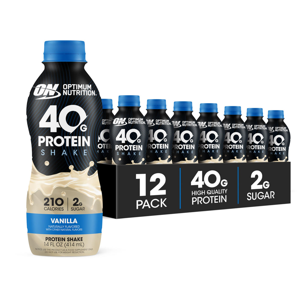 Optimum Nutrition 40g Protein Shake vanilla bottle for post-workout support.