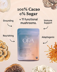 Ora Pure cacao powder bowl with steaming mug, ritual-ready.
