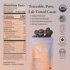 Ora Pure Ceremonial Cacao Boundless Belize cacao nibs close-up highlighting whole-bean quality.