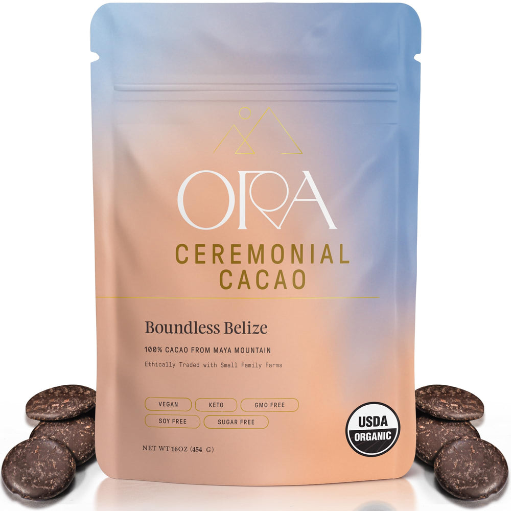 Ora Pure Ceremonial Cacao Boundless Belize packaging showcases ethical sourcing and premium quality.