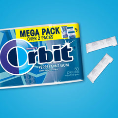 Desk-side Orbit peppermint gum pack with individually wrapped pieces.