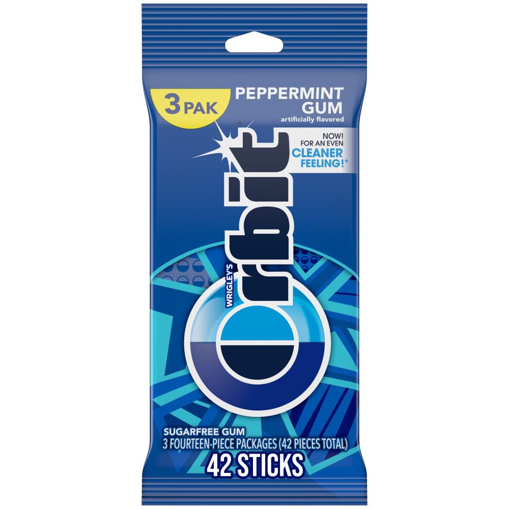 Orbit Peppermint Sugar Free Chewing Gum 3-pack on display for travel use and fresh breath.
