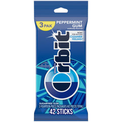 Orbit Peppermint Sugar Free Chewing Gum 3-pack on display for travel use and fresh breath.