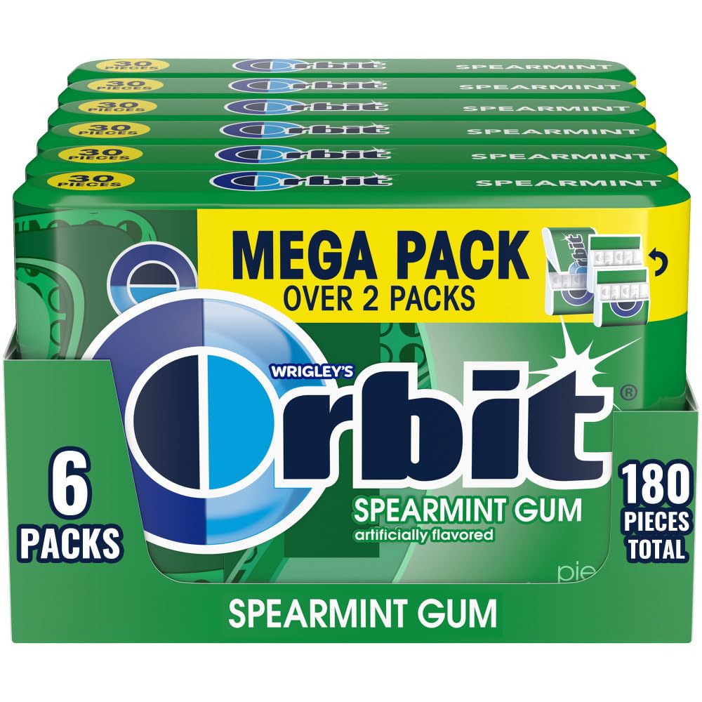 ORBIT Spearmint Sugar Free gum six-pack front view for quick breath refresh.