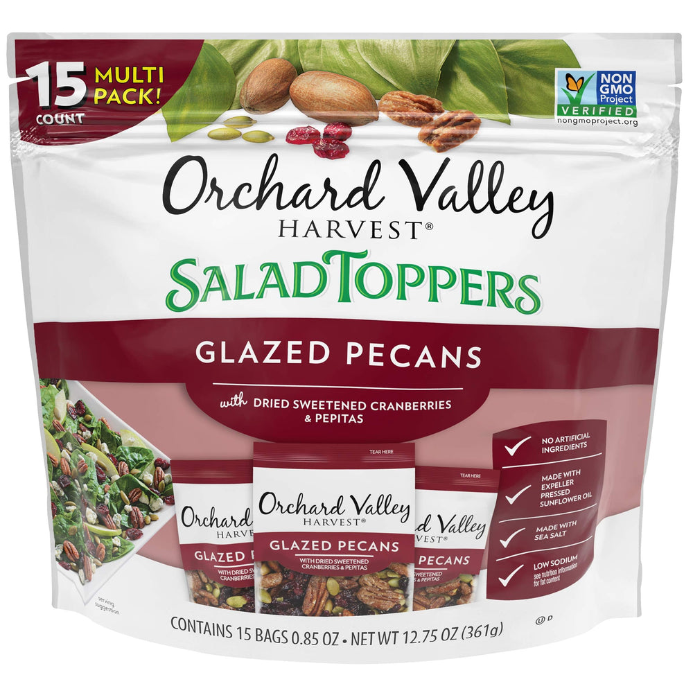 Orchard Valley Harvest glazed pecans salad toppers on a fresh salad add crunch and flavor