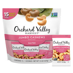 Orchard Valley Harvest jumbo cashews 15-pack 1 oz bags for on-the-go snacking.