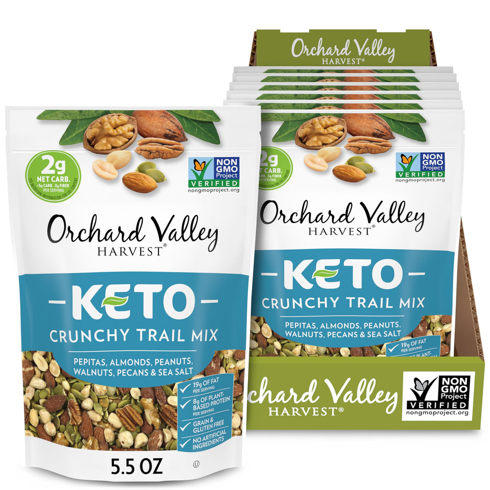 Orchard Valley Harvest Keto Crunchy Trail Mix pepitas close-up; high-fiber, keto-friendly snack.