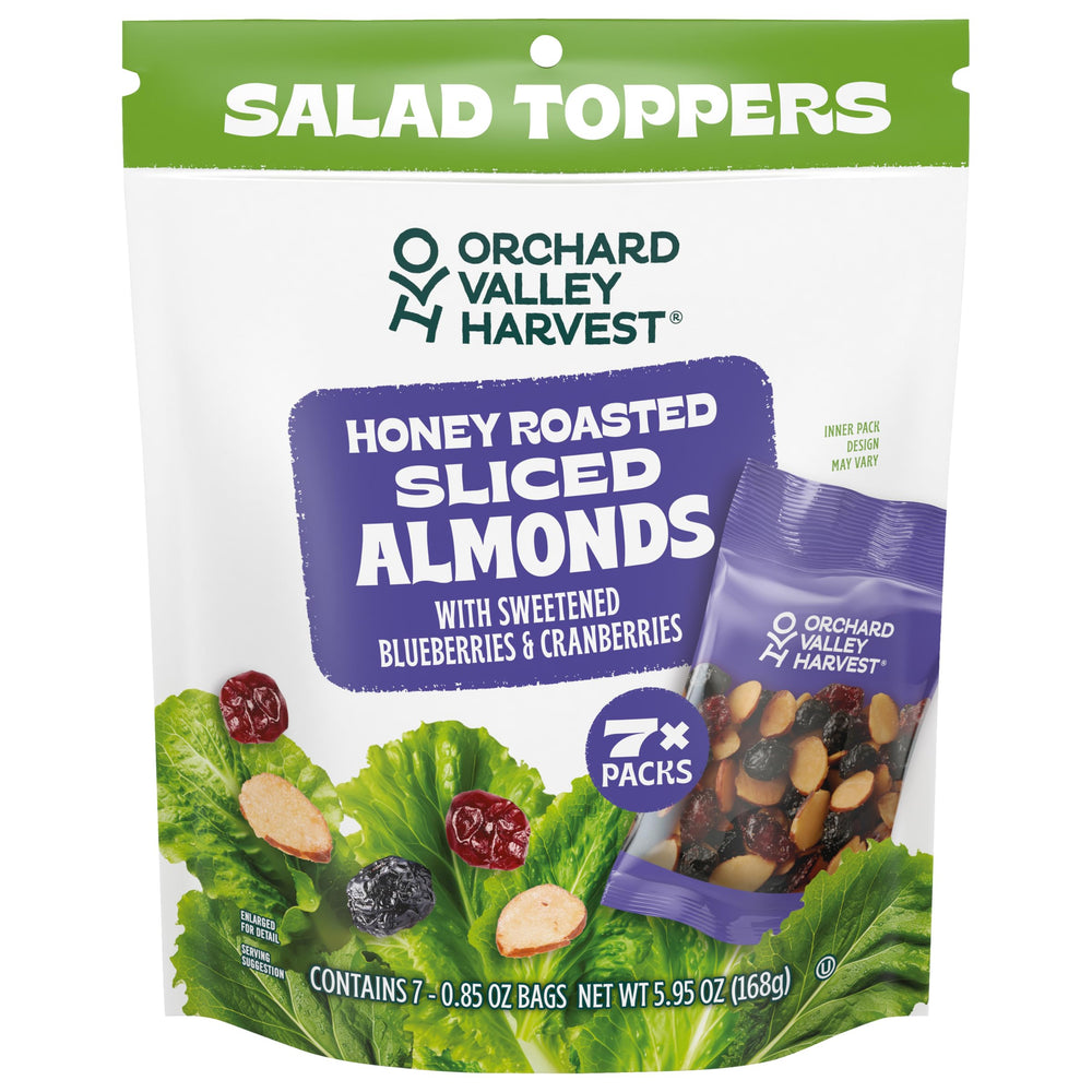 Orchard Valley Harvest Salad Toppers with almonds blueberries and cranberries on a fresh salad