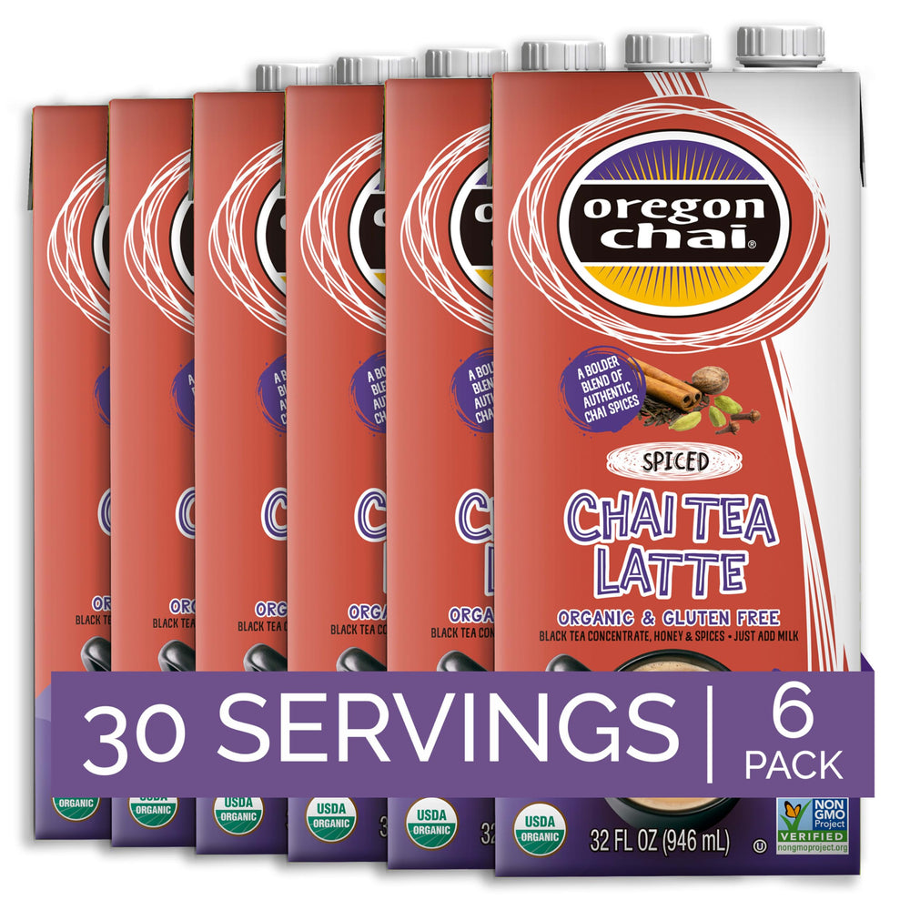 Oregon Chai Organic Spiced Chai Concentrate bottle front for rich latte at home.