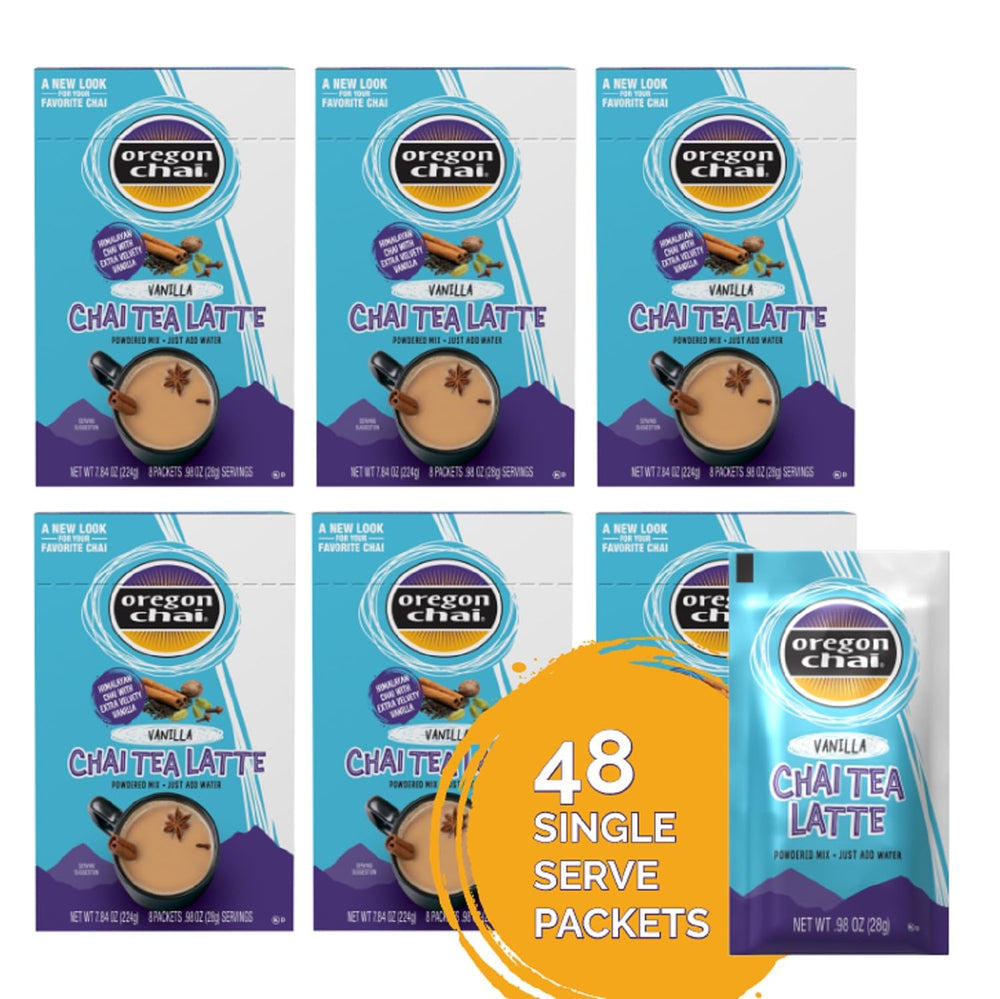Oregon Chai Vanilla Dry Chai Latte packet for on-the-go convenience.