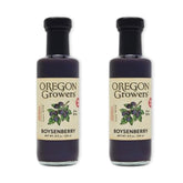 Oregon Growers Boysenberry Syrup bottle pour enhances pancakes with rich berry flavor.