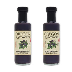 Oregon Growers Boysenberry Syrup bottle pour enhances pancakes with rich berry flavor.