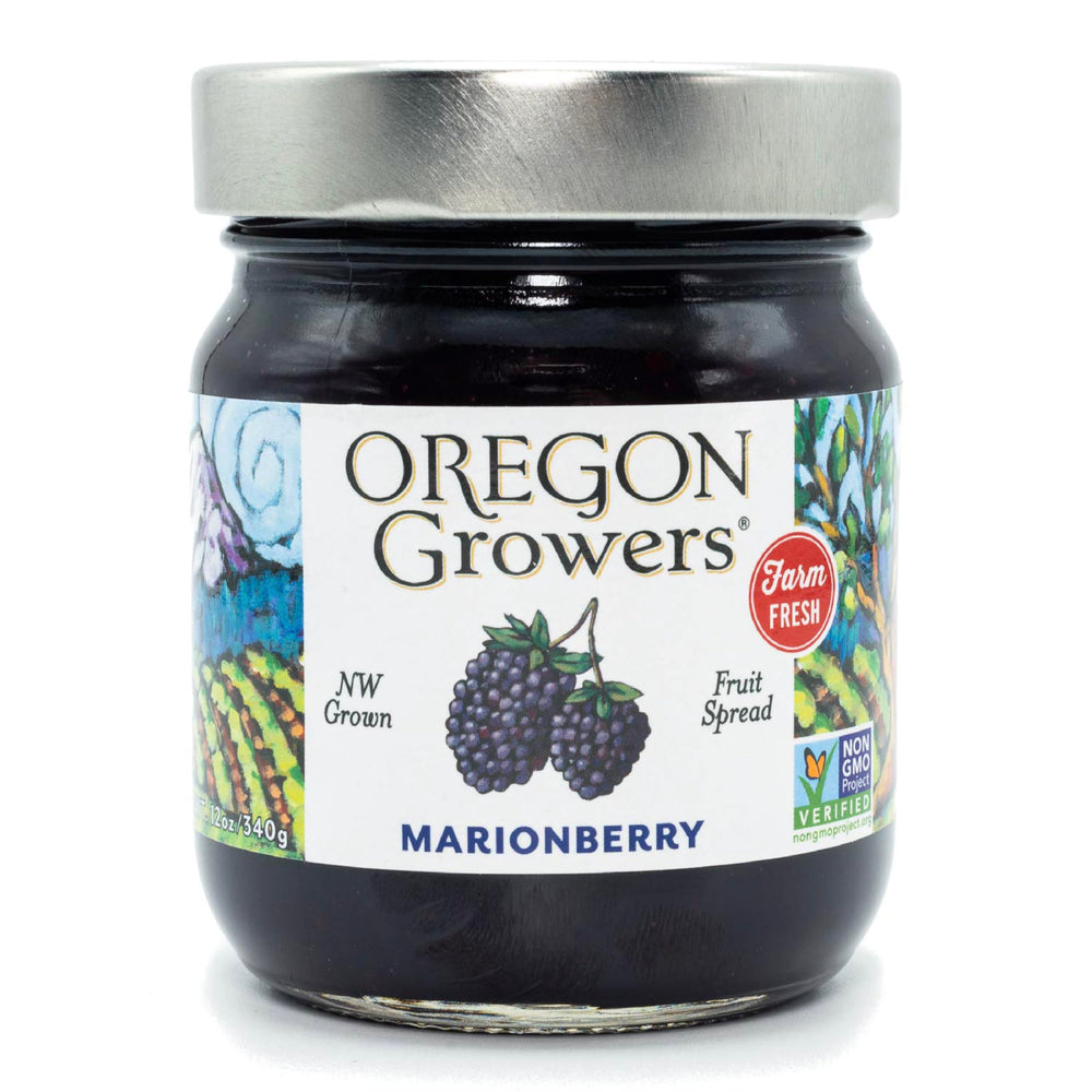 Oregon Growers Marionberry Spread jar—glossy texture, perfect for toast.