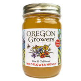 Oregon Growers Wildflower Honey bottle close-up reveals natural enzymes and floral aroma.