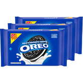 OREO chocolate sandwich cookie package on shelf, ideal for family gatherings and quick snacking.