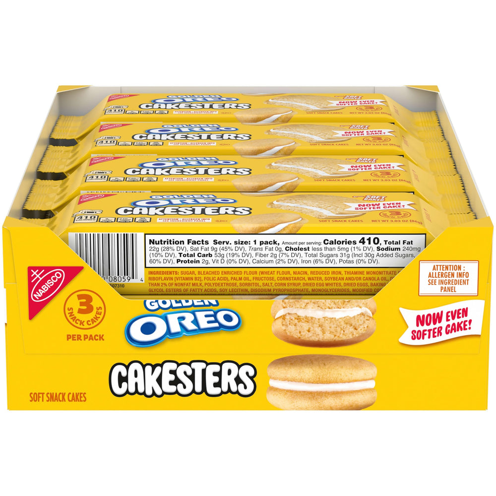 OREO Golden Cakesters eight-pack box for easy grab-and-go snacking.