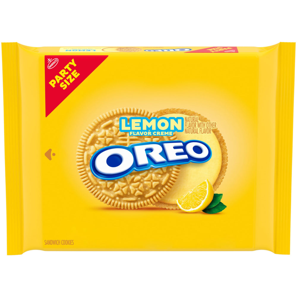 OREO Lemon Creme cookies in party pack close-up, ideal for sharing at gatherings