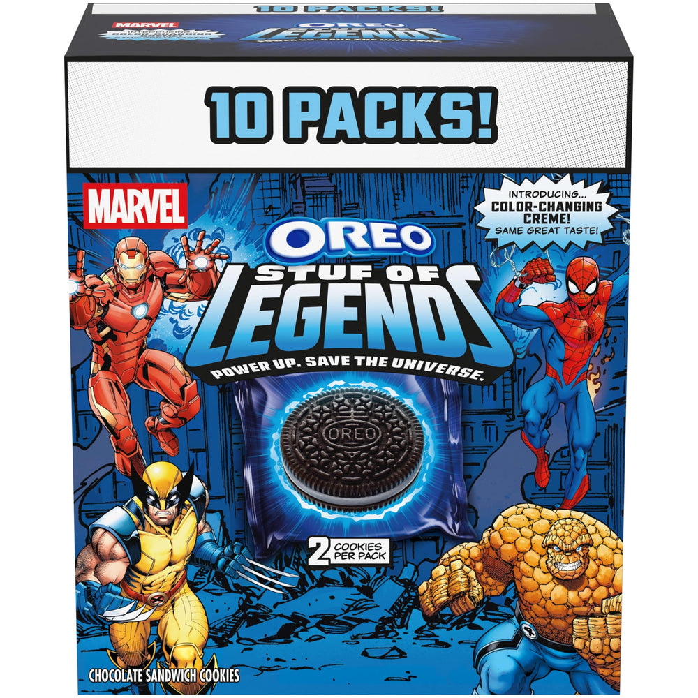 Oreo MARVEL Stuf of Legends pack front, Marvel-themed snack time ready.