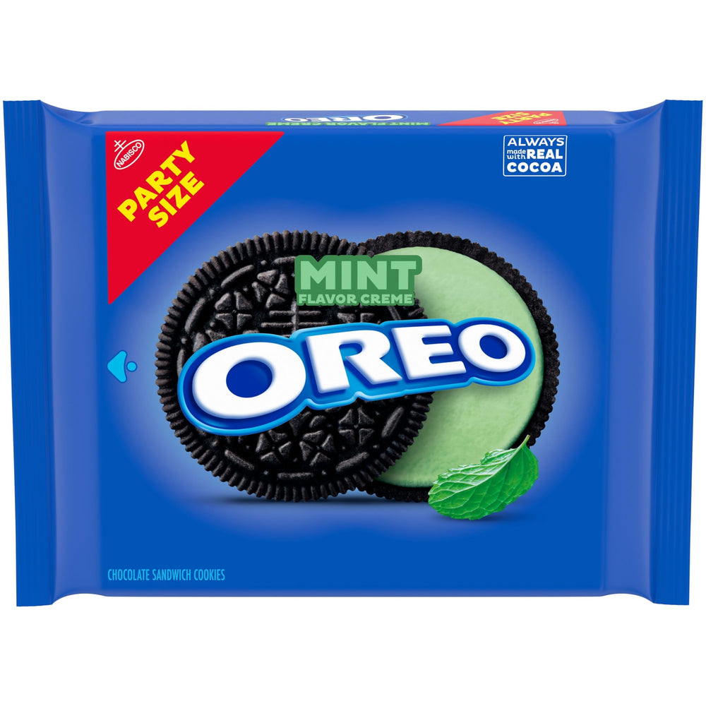 OREO Mint Creme cookies in package front, ready for sharing.