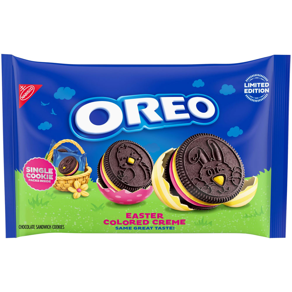 OREO pink-yellow creme Easter cookies in a colorful snack pack, ideal for Easter baskets.