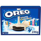 Oreo Snowy Enrobed White Chocolate Coated Biscuits close-up of smooth coating and texture for indulgent snacking.