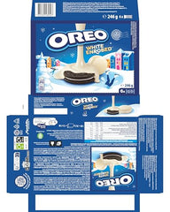 Oreo Snowy Enrobed White Chocolate Coated Biscuits packaged in a 6-pack for convenient sharing.