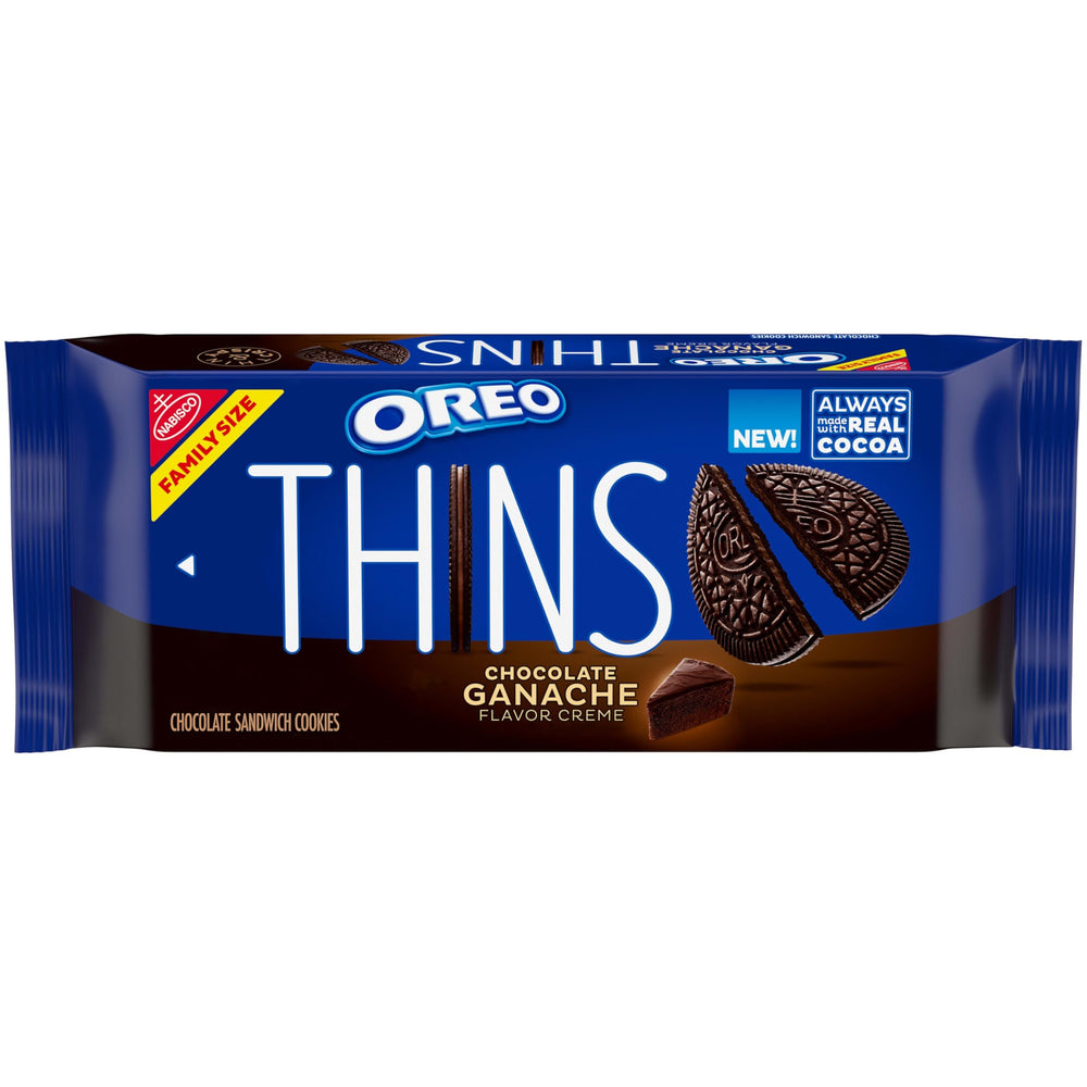 OREO Thins pack shown, crisp wafers ideal for snacking.