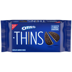 OREO Thins chocolate sandwich cookies pack shows the slim, shareable treat.