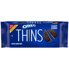 OREO Thins chocolate sandwich cookies in packaging, ideal for sharing.