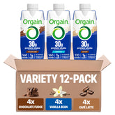 Orgain 30g high protein shake chocolate fudge bottle showing creamy texture for easy sipping.
