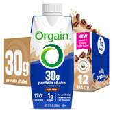 Orgain Cafe Latte bottle front displaying 30g protein and clean ingredients.