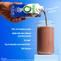 Orgain shake label highlights clean ingredients and 30g protein.