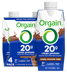 Orgain Clean Protein Shake creamy chocolate fudge bottle highlights grass-fed dairy nutrition for on-the-go fueling