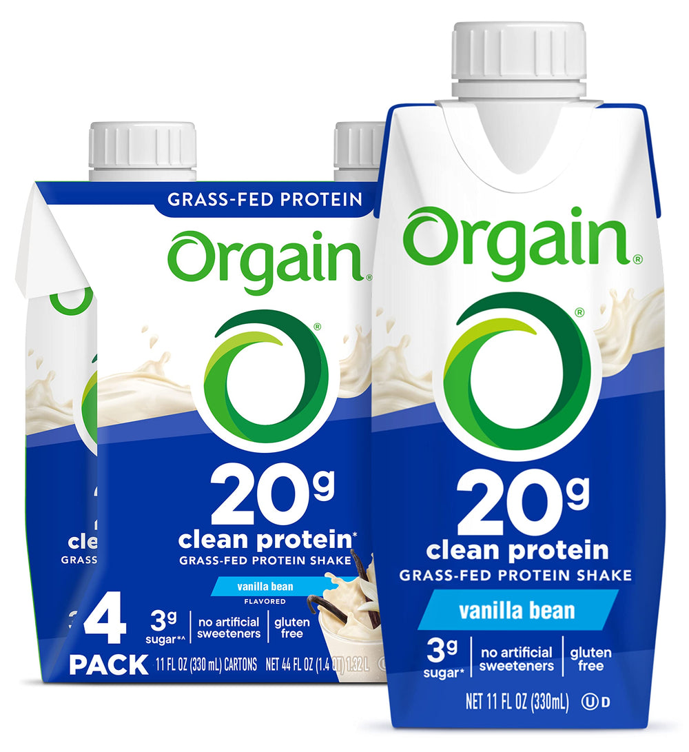 Orgain Clean Protein Vanilla Bean bottle showcases grass-fed dairy protein for on-the-go nutrition.