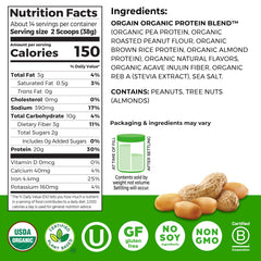 Orgain Justin's Nut Butter Protein Powder close-up shows smooth, nutty aroma.