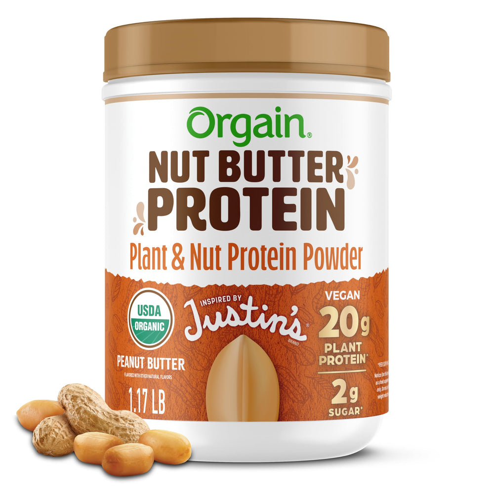 Orgain Justin's Nut Butter Protein Powder packaging highlights vegan, gluten-free formula for shakes.