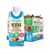 Orgain Kids Vegan Chocolate Shake bottle highlighting plant-based protein for growing kids.