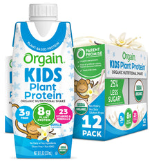 Orgain Kids Vanilla bottle showing plant-based protein for growing children.