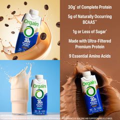 Orgain nutrition panel close-up highlighting 30g protein and 5g BCAAs.