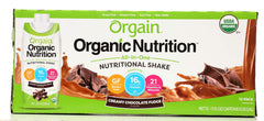 Orgain Organic Creamy Chocolate Fudge Shake 12-pack, front view for on-the-go drinks.
