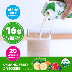 Orgain Organic Nutritional Shake ingredients image highlights organic fruits and veggies blend.