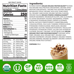 Orgain shake label detail showing 20 vitamins and minerals for daily nutrition.