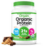 Orgain Organic Vegan Protein Powder bottle shows creamy chocolate peanut butter shake.