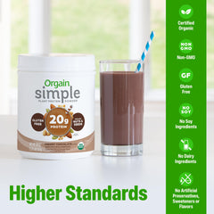 Orgain Simple Protein shake with chocolate in a glass for morning routine.