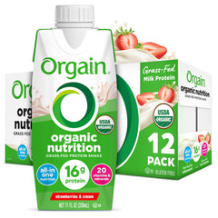 Orgain Strawberries & Cream bottle pour delivers on-the-go protein nutrition.