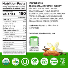Pouring Orgain Vanilla Almond Butter Protein Powder into a glass.