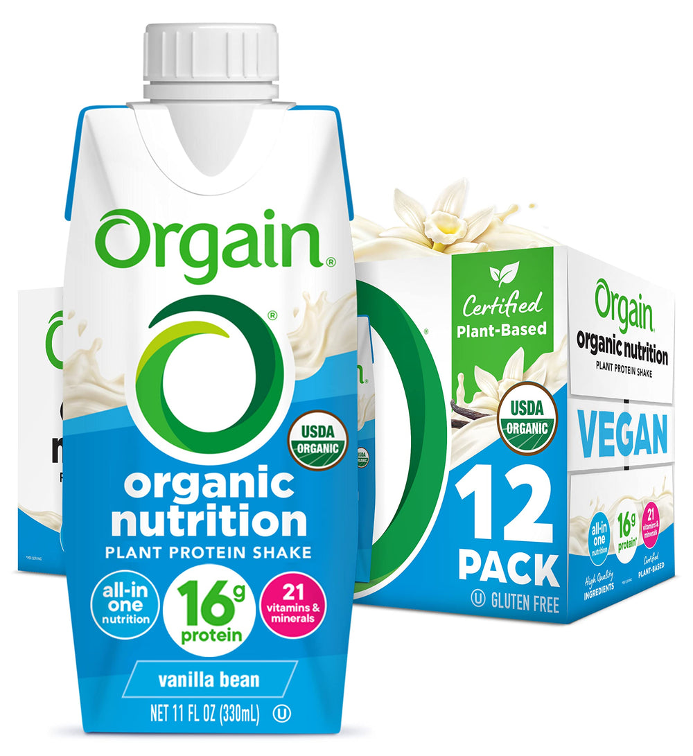 Orgain Vanilla Bean shake bottle for convenient on-the-go nutrition.